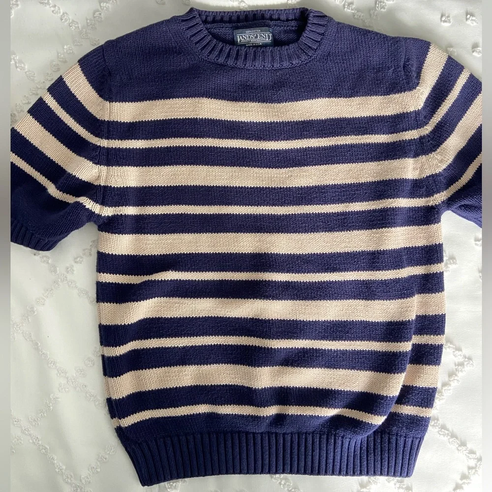 Lands End Vintage Short Sleeve Sweater Cream Navy Nautical Coastal Grandma Knit - Picture 2 of 9